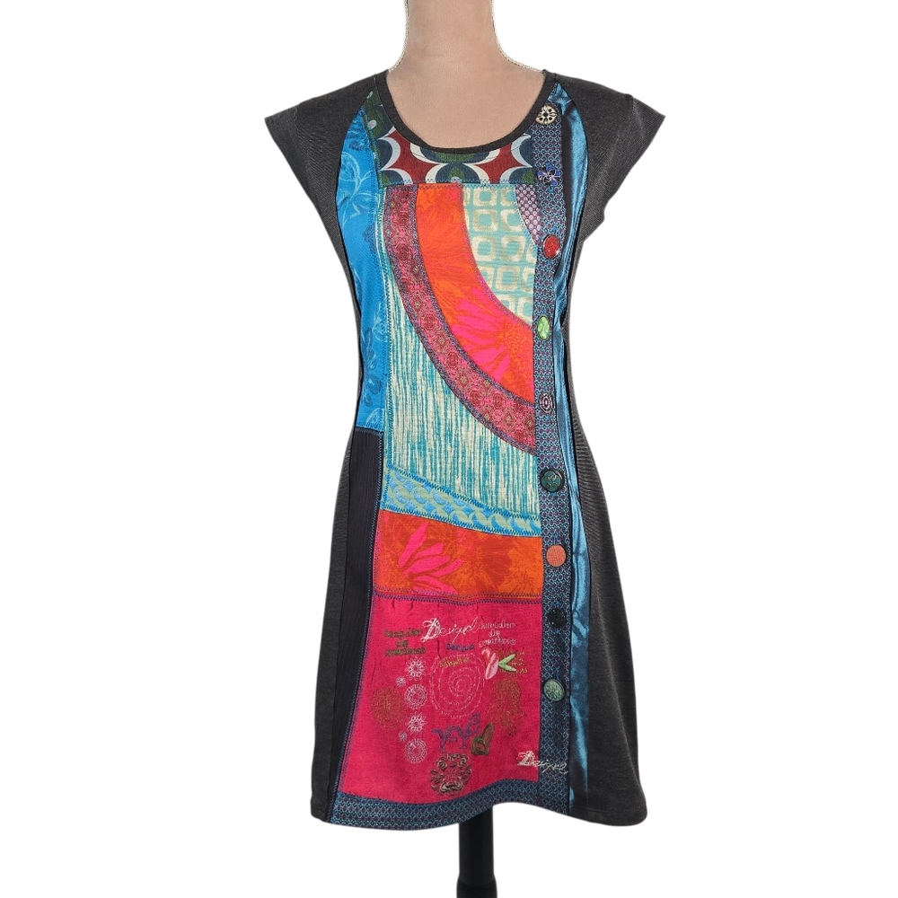 Desigual Knit Dress Multicolor Patchwork Print Cap Sleeves Size Medium